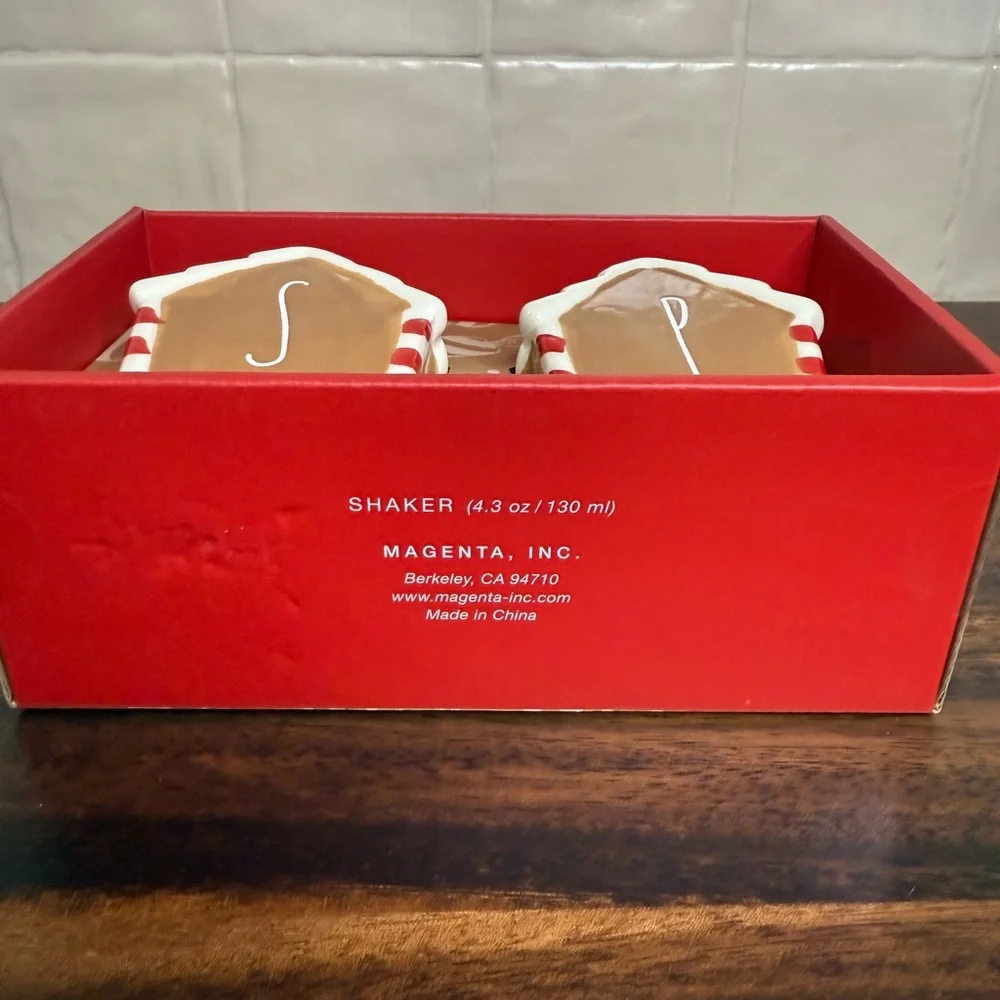 Rae Dunn Christmas Gingerbread House Salt & Pepper Shaker Set, Red Candy Cane
